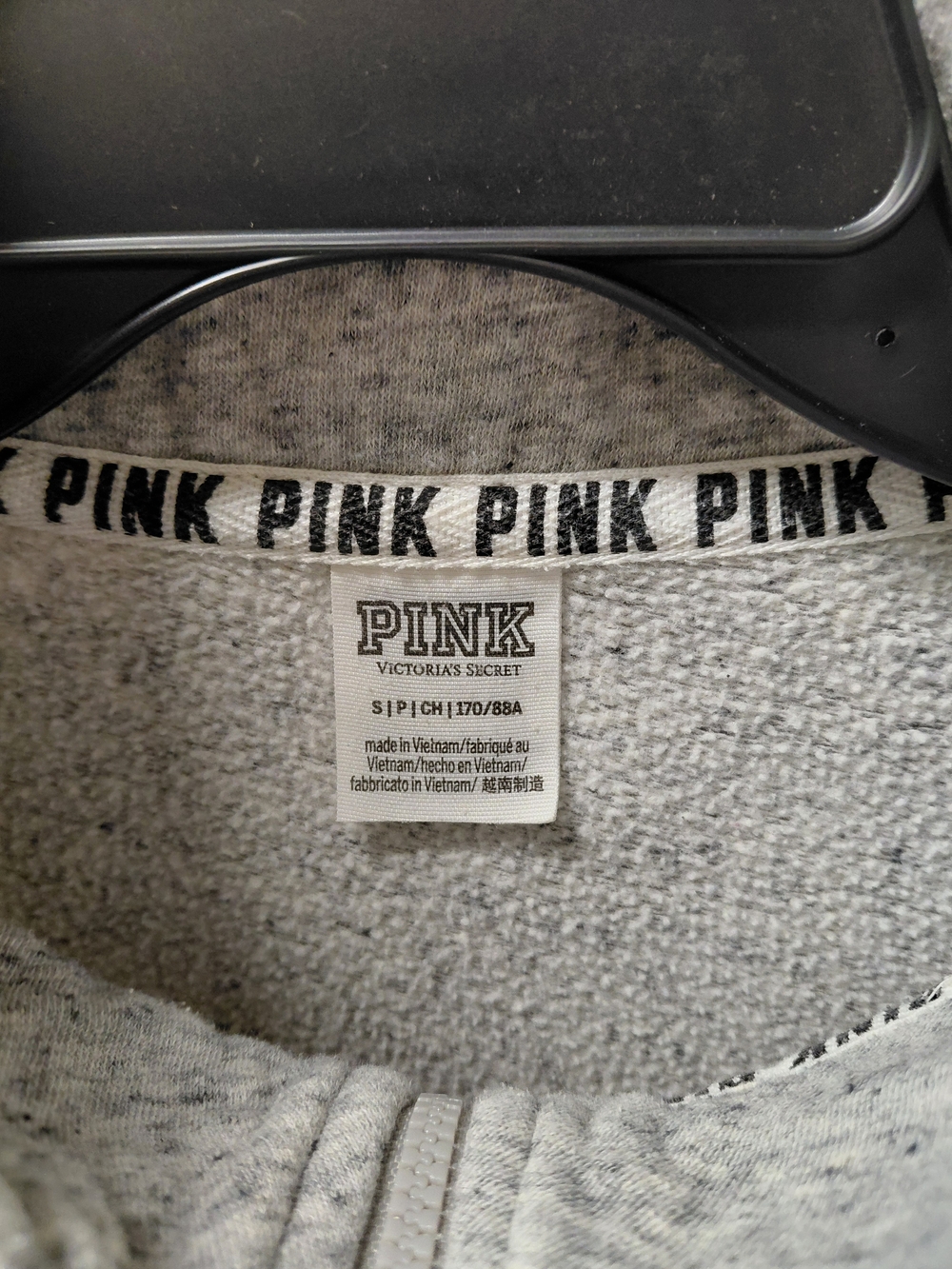 PINK Victoria's Secret Gray Zip Hoodie Black Logo Trim & Embroidered Sleeves